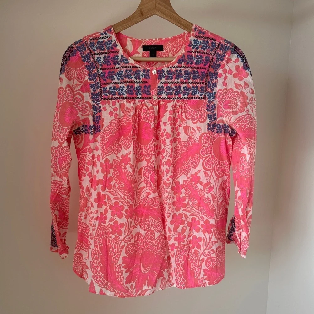 J. Crew Pink Embroidered Floral Blouse